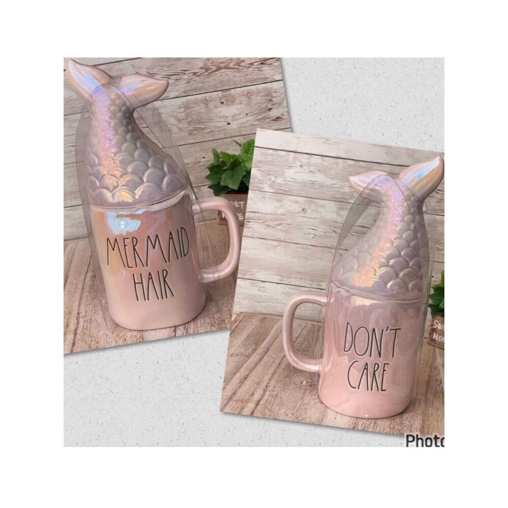 NWT Rae Dunn “MERMAID HAIR / DON’T CARE” Iridescent Ceramic Mug Mermaid Tail Lid